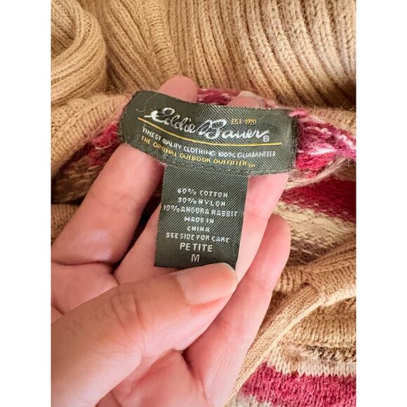 Eddie Bauer Petite M Hoodie Sweater Zip Up Tan Fair Isle Angora Blend Women’s - Picture 6 of 6